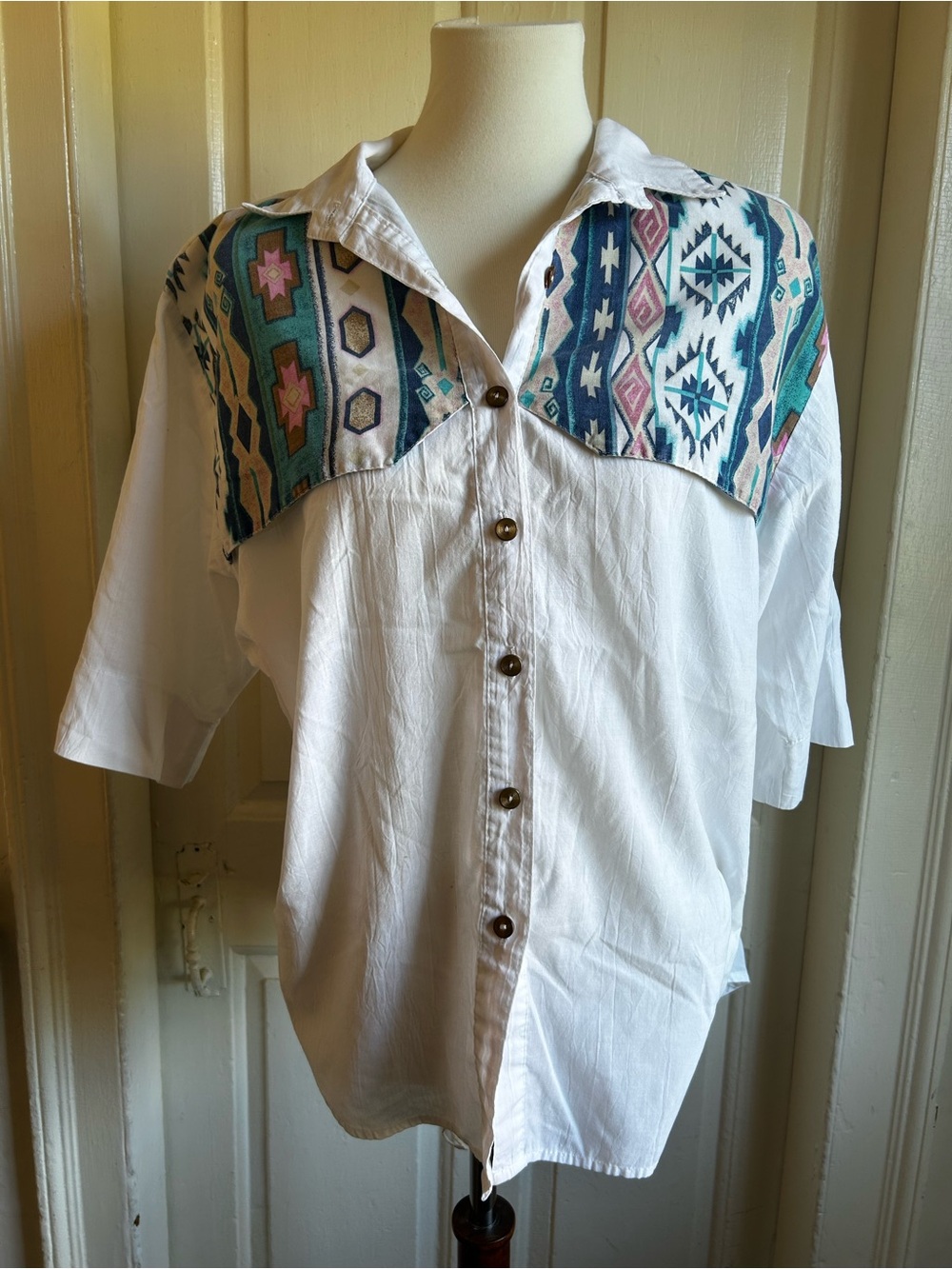 Vintage White Button-Down Shirt with Teal and Pink Aztec Yoke
